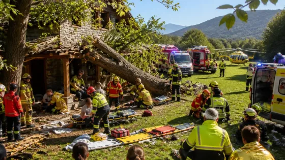 Trece heridos tras la caída de un árbol sobre el porche de una masía en Olot