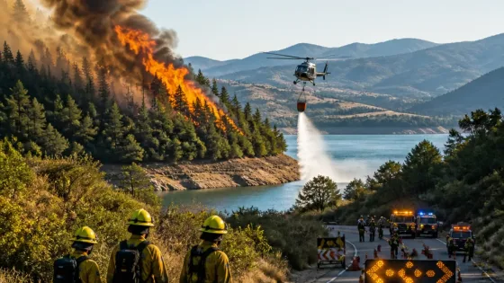 Un incendio en Tiermas corta la N-240 y moviliza a bomberos y medios aéreos de ambas comunidades