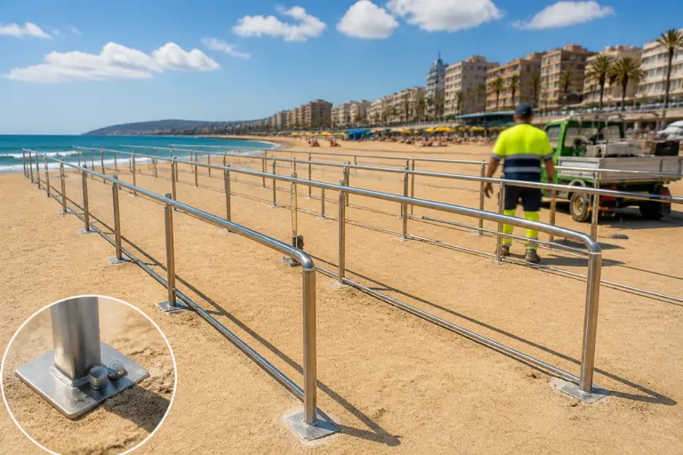 Badalona instala cinco barandillas en sus playas para facilitar el baño a personas con movilidad reducida