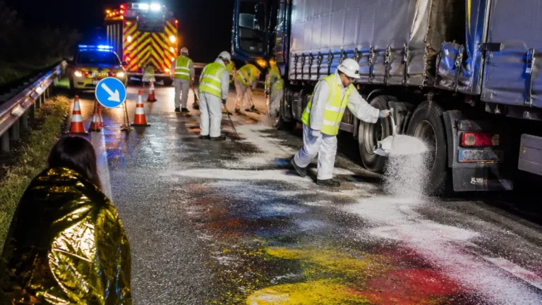 Derrame controlado de pinturas tras la salida de vía de un camión en la N-234, en Alconaba