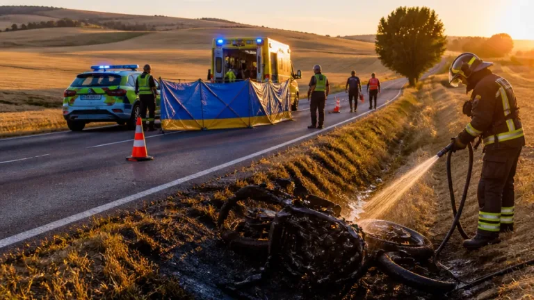Dos heridos y vehículo incendiado tras una salida de vía en la P-121 en Valle de Cerrato