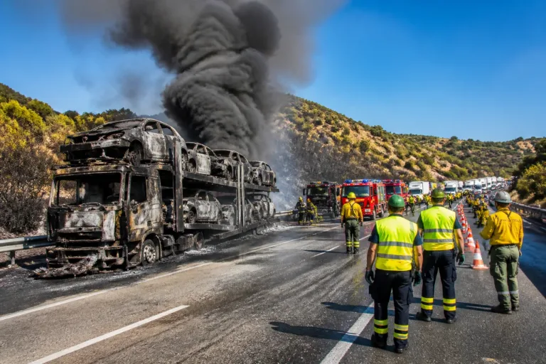 Incendio de un camión portacoches en la AP-7 obliga a cortar la vía y afecta a monte en Estepona