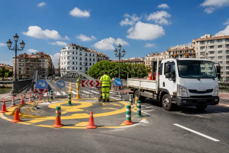 Logroño instala una rotonda provisional en el Puente de Hierro para mejorar la movilidad