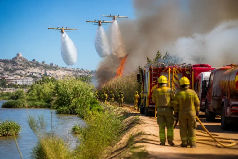 Medios terrestres y aéreos intervienen en un incendio junto al río Vinalopó en Sax