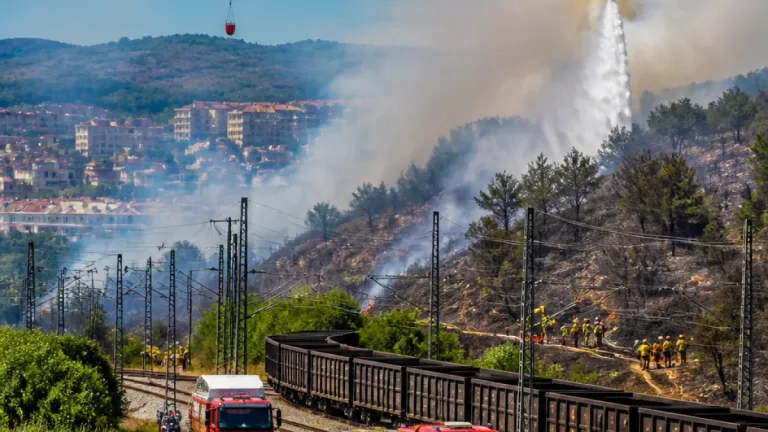 Ocho incendios en Ourense tras el paso de un tren obligan a cortar la línea convencional