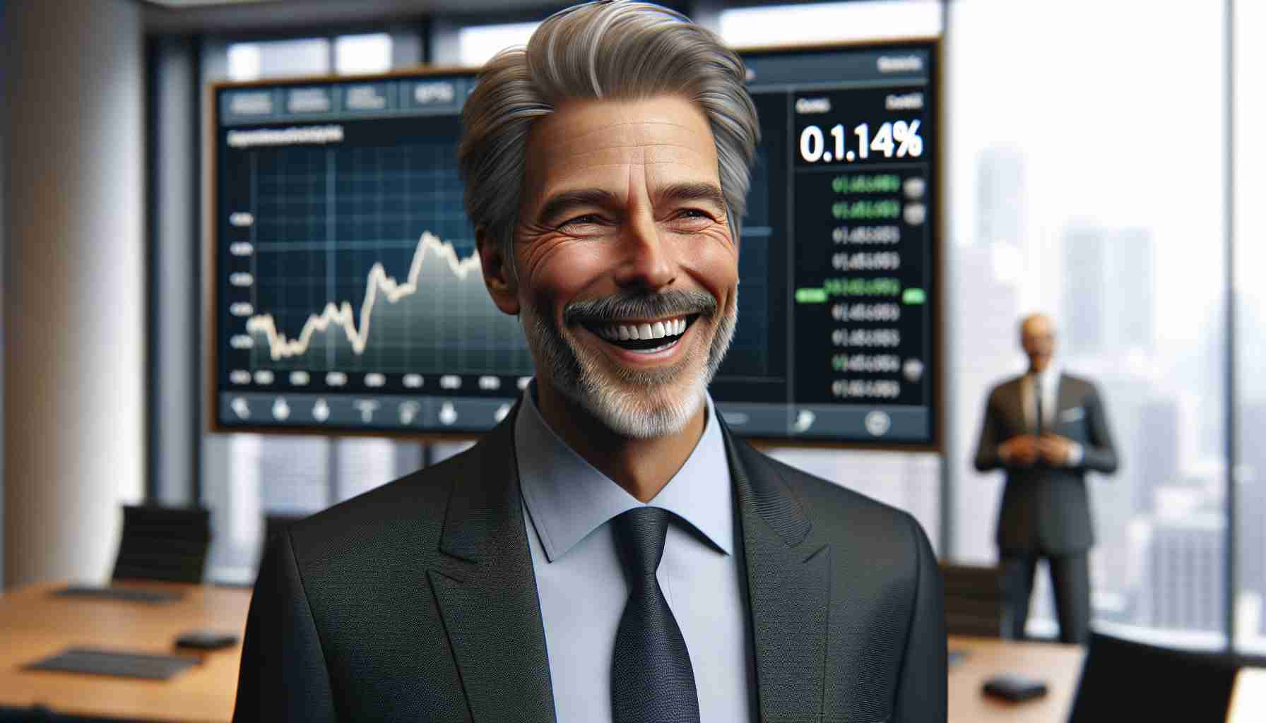 Realistic HD photo of a fifty-something year old Caucasian man, dressed in professional business attire, presumably an executive. He exhibits evident joy on his face, perhaps symbolic of his increased stake in a bank, which is shown by a graphic chart showing a 0.14% increase on a screen in the background.