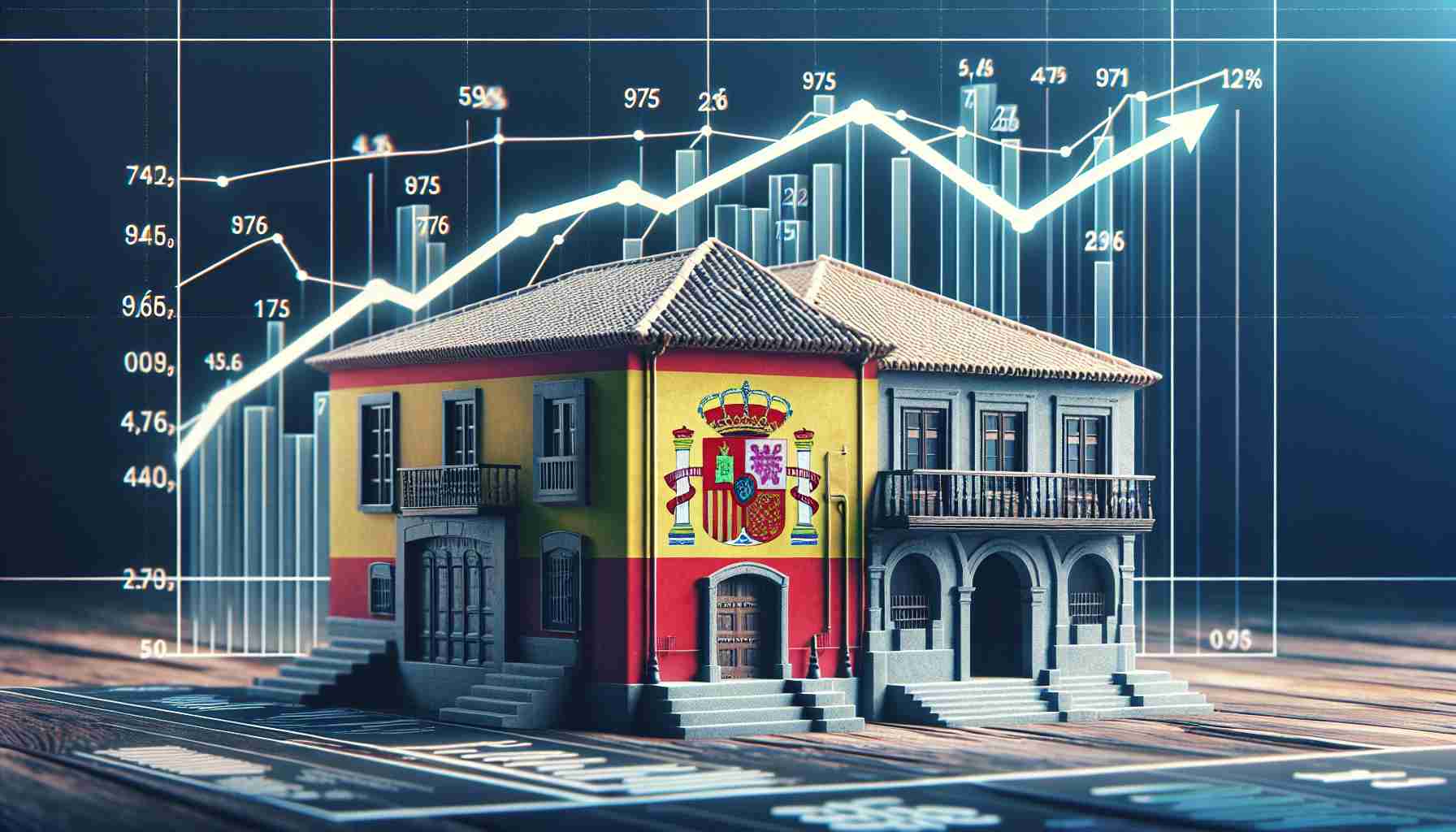 An HD realistic image representing the changing trends of mortgage in Spain. The image should reflect statistical data such as a line graph or bar chart and include symbols or settings synonymous with Spain and mortgage, such as traditional Spanish architecture being divided by a line graph showing progressive statistics that represent fluctuating mortgage rates over a span of decades.