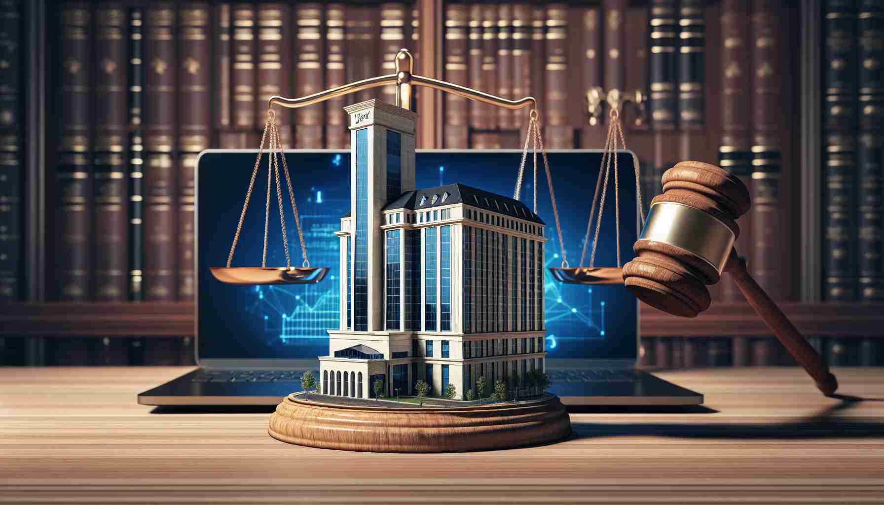 Create a realistic, high-definition image representing the concept of the hotel industry taking legal action against an online booking giant. The image could depict symbolic elements such as a luxury hotel building, standing tall and majestic, on one side of a traditional wooden gavel or scales of justice. The online booking giant could be symbolized by a generic, nondescript logo for an online business displayed on a laptop screen on the other side of the gavel or scales. Please include a background that evokes a judicial or legal atmosphere, perhaps a courtroom or a detailed, sophisticated law office.