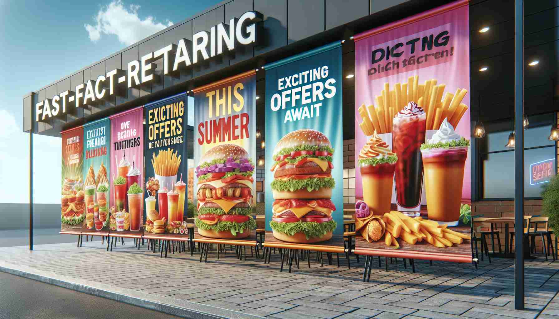 Create a high-definition, realistic image of a fast-food restaurant in the summertime, with banners and signs promoting exciting offers and deals. The banners are filled with vibrant colors and tantalizing images of food and drinks, with words such as 'Exciting Offers Await' and 'This Summer' prominently displayed.
