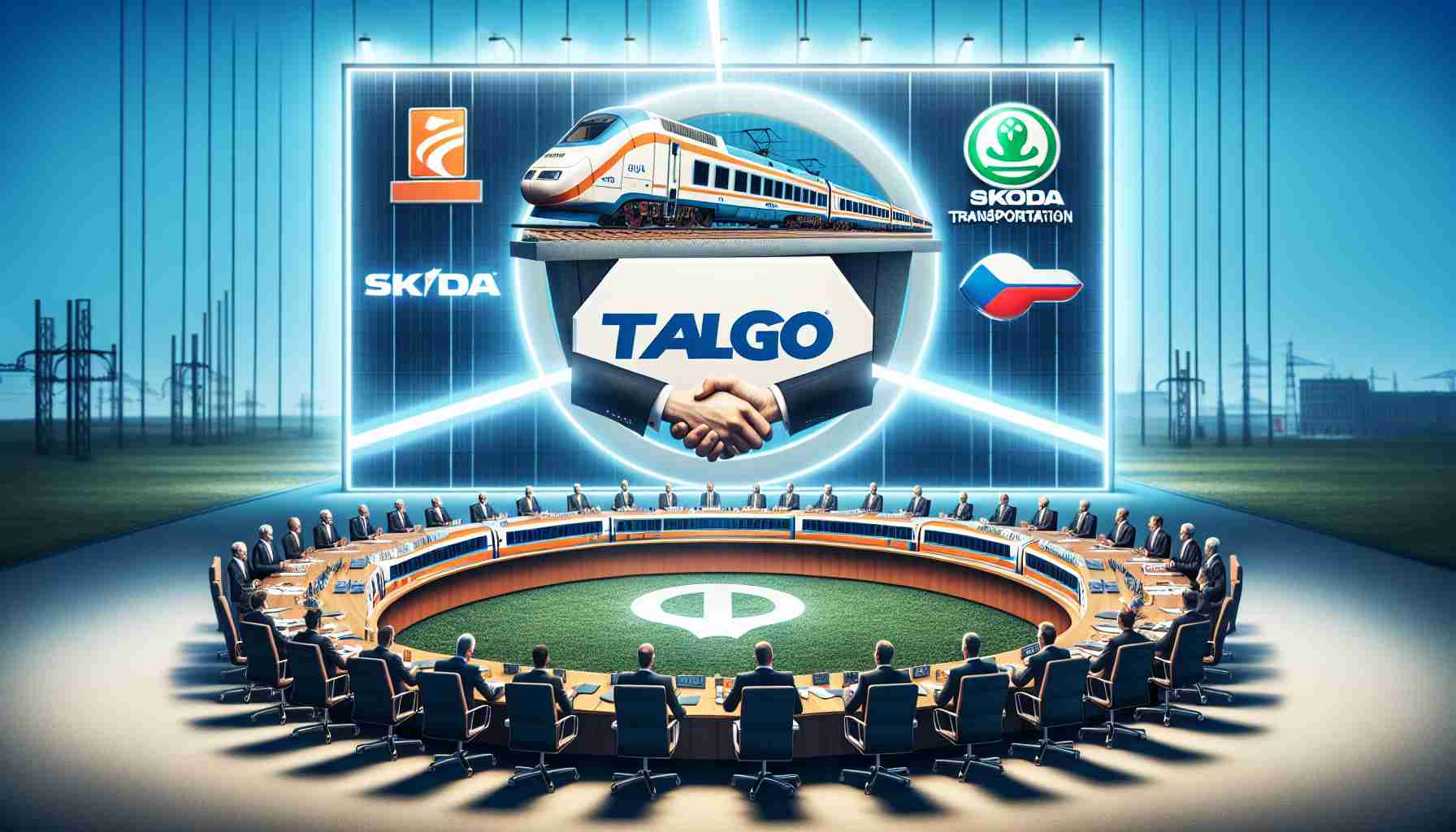 Generate a realistic, high-definition image showcasing a hypothetical business event where Talgo, the Spanish train manufacturer, is exploring a potential merger with Skoda Transportation, the Czech manufacturer of electric trains. The image should include corporate banners, boardroom meeting scenes, and a union logo designed to symbolize the merging of these two corporations.