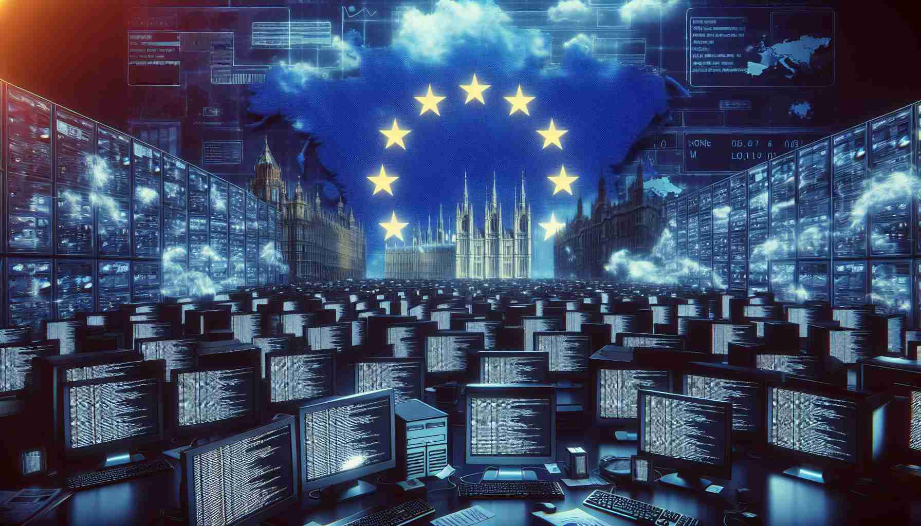 A realistic, high-definition image depicting the concept of a widespread computer outage, with possible symbolism like a lot of darkened computer screens and error messages. Also include a representation of the European Union as a backdrop, perhaps through a large European Union flag or notable landmarks, suggesting it has influence over the situation.