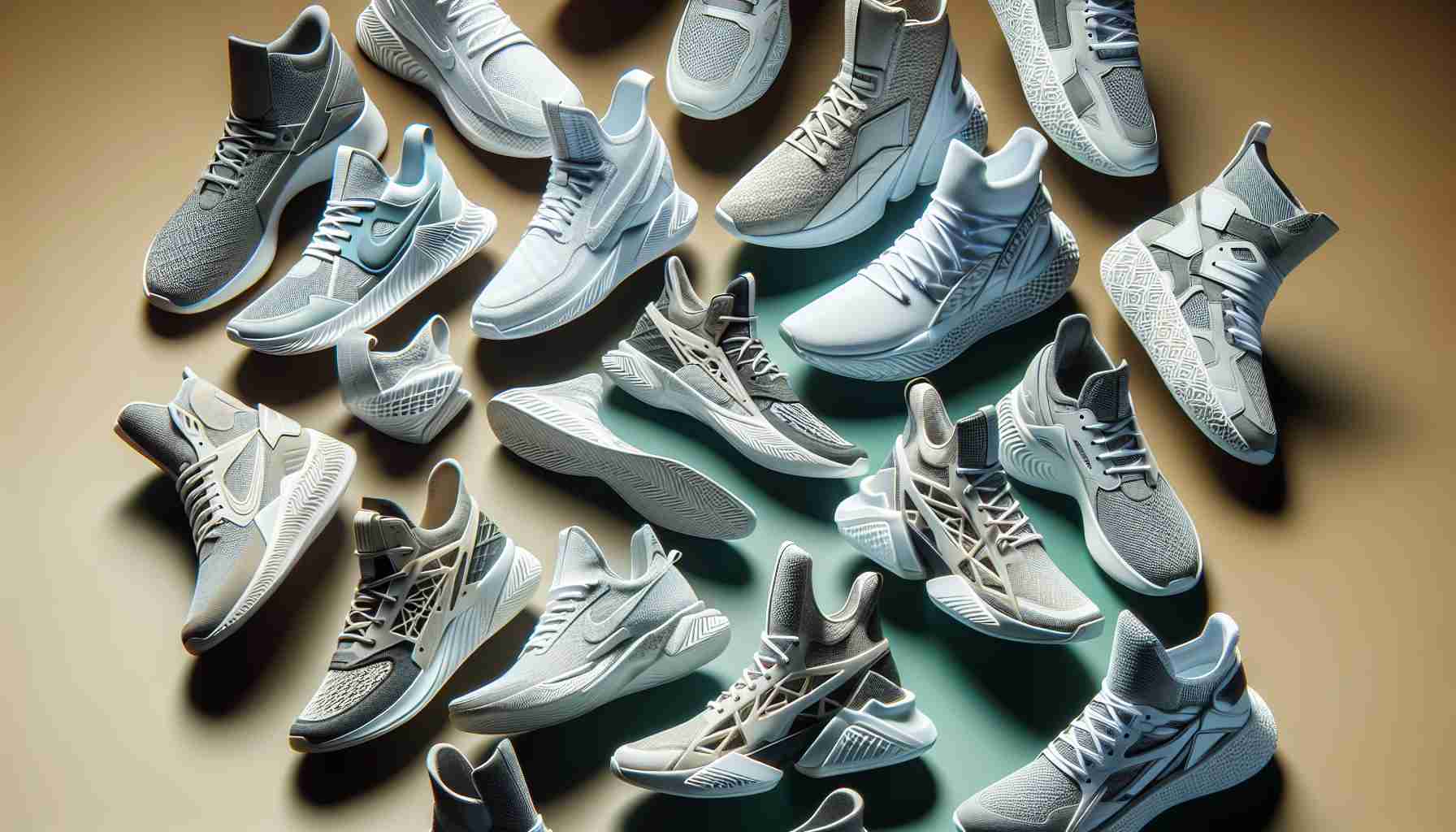 High-resolution photo depicting an array of innovative sneaker styles, whose unique and cutting-edge designs have led to an increase in the stock value of a major sports footwear company. These sneakers are well-crafted with advanced materials, displaying a blend of fashion and functionality.