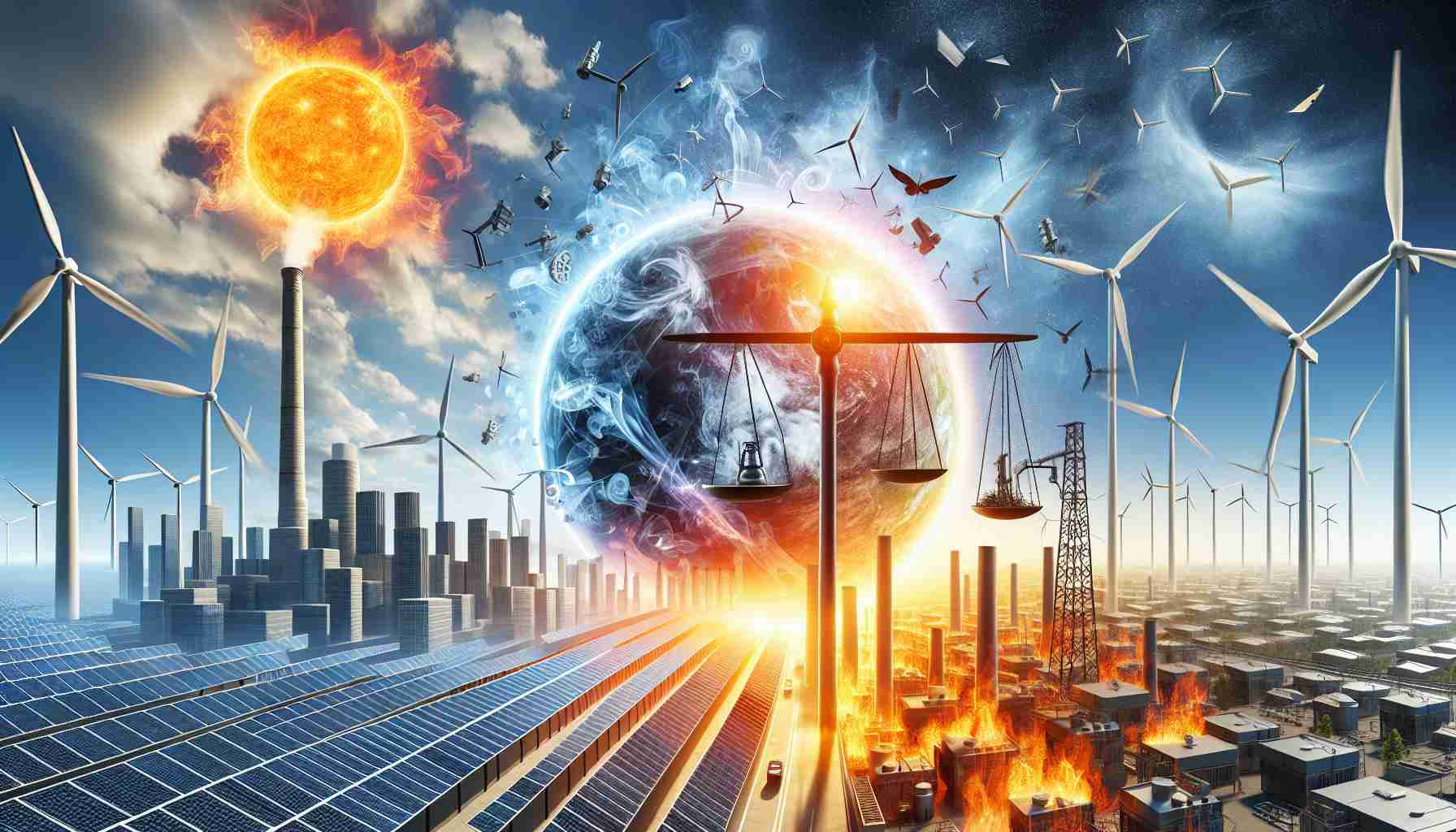 Generate a high-definition realistic image showcasing a metaphorical representation of the revolution in market dynamics brought about by the growth in renewable energy. The scene may include elements such as a large sun powering an array of photovoltaic solar panels, wind turbines spinning against a clear blue sky, a scale balancing traditional fossil fuels and renewable energy sources, and/or a futuristic city powered solely by renewable energy sources.