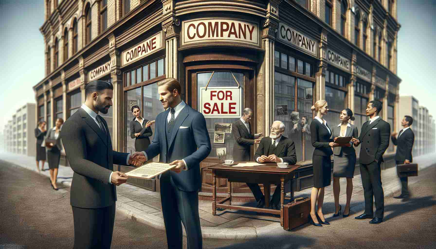 Please generate a realistic and high-definition image that embodies the concept of a historic company under financial stress being sold or transferred to new owners. The image should depict an old-fashioned company building with a 'For Sale' sign on its exterior. A group of diverse business people, including a Caucasian woman and a Black man, should be shown exchanging paper documents, symbolizing the transition of ownership. The scene should also allude to the company's rich history, perhaps through vintage decor or old photographs displayed within the premises.