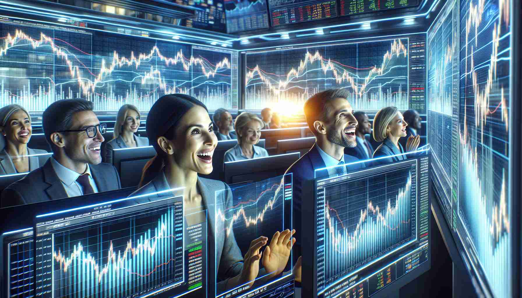 Generate a realistic high-definition image portraying the scene of the stock market opening enthusiastically. Visualize a bustling trading floor with a diverse array of traders, including a Caucasian female trader and a Black male trader, eagerly watching their screens. Illuminated charts and graphs should cover the screens with various upwards trending lines indicating positive market movement. The atmosphere should exhibit a sense of excitement and anticipation.