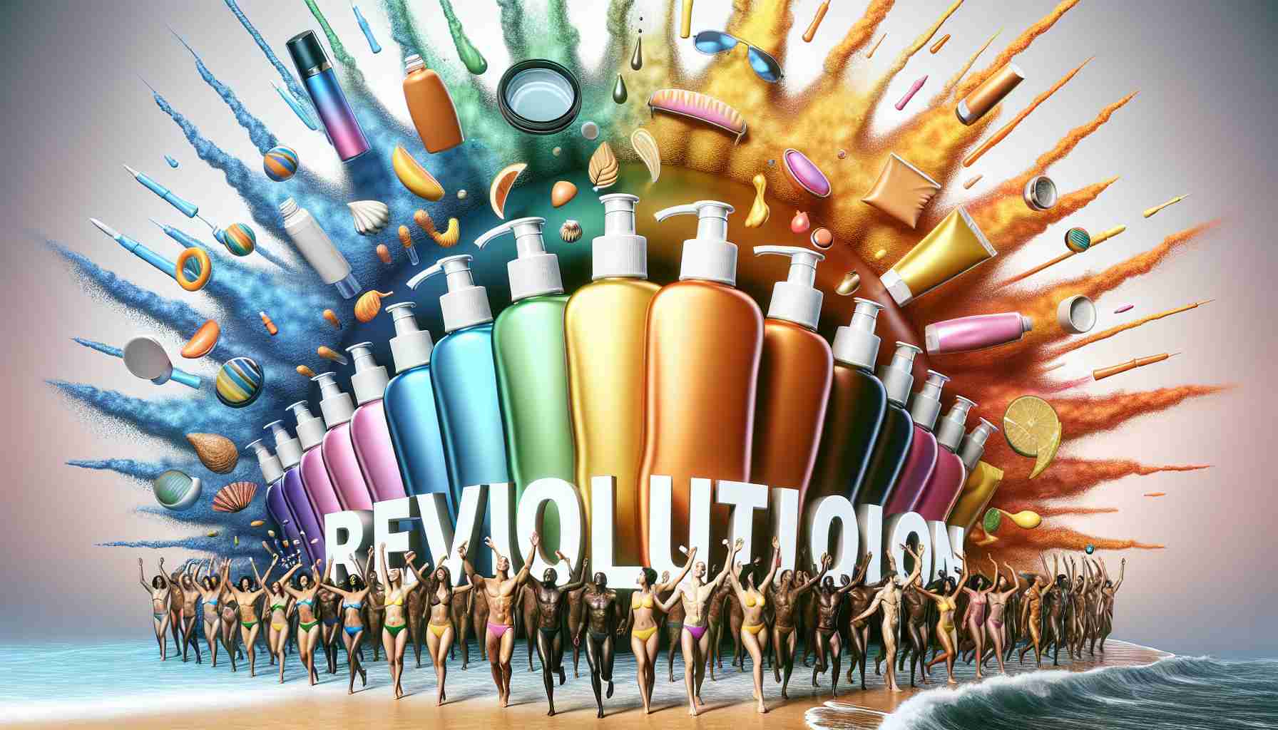 An ultra high definition, realistic illustration of a new approach to sun protection symbolizing revolution in skincare. Imagine a variety of sunscreens, each packaged in innovative, user-friendly containers. They come in a rainbow of colors representing different levels of protection. Alongside is a diverse group of people of varying descents such as Caucasian, Hispanic, Black, Middle-Eastern, and South Asian, confidently applying these new products onto their skin under a giant symbol of the sun, demonstrating the accessibility and inclusivity of this skincare revolution.