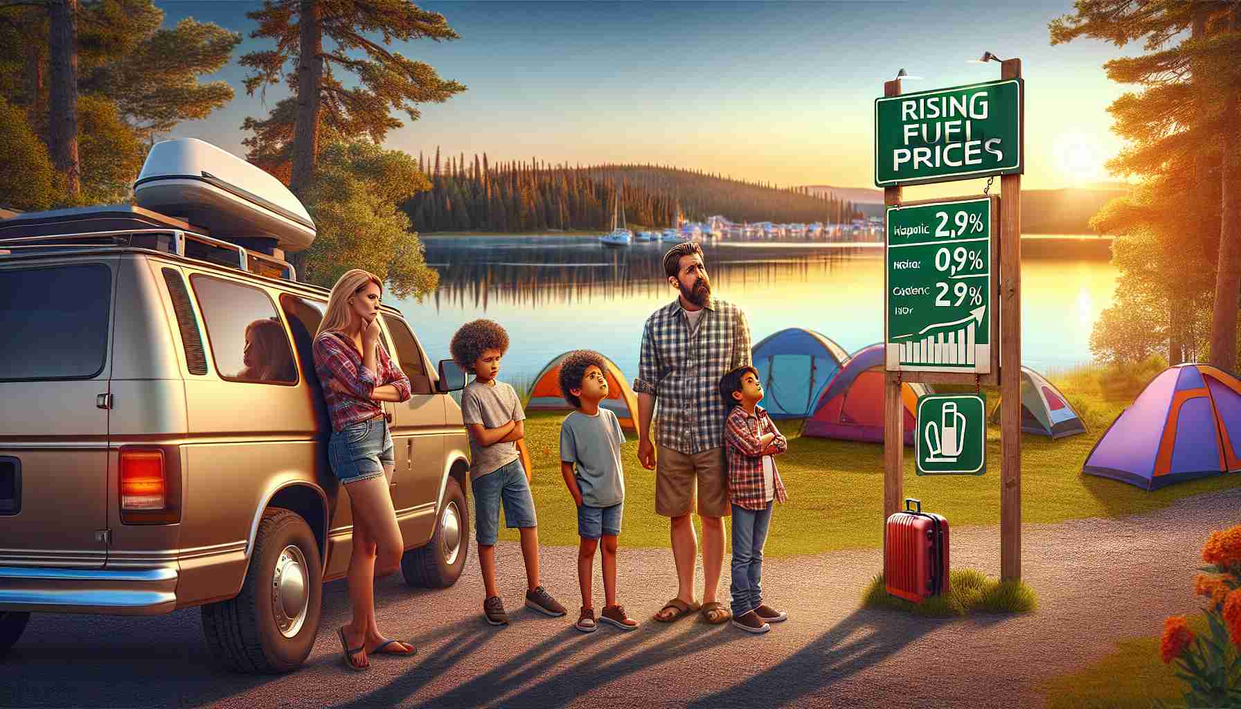 Create a realistic HD image that visually communicates the impact of rising fuel prices on summer travel plans. This can be shown by a van parked at a picturesque camping site with a family looking disheartenedly at a sign displaying hiking fuel prices. The background should depict a beautiful sunset over a lake to represent summer time. The family should consist of a Hispanic father, Caucasian mother, and their two children, who are a black daughter and a middle-eastern son.