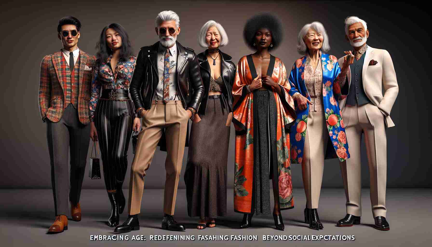 Realistic high definition image illustrating the concept of 'Embracing Age: Redefining Fashion Beyond Social Expectations'. Picture showcasing older individuals of various descents, both men and women, each flaunting their unique style. They project their style, charisma, and confidence. Let these individuals be East Asian man with a voguish leather jacket over a retro shirt, Middle-Eastern woman in an elegant chic dress, Hispanic man in a dapper suit, Caucasian woman with a colorfully bold print Kimono, Black woman with a trendy two-piece silk suit, and South Asian man with a vintage-inspired classic vest and trousers ensemble. They all express their own ultimate, unique style that totally shatters stereotypical expectations. The image should portray their age as an added charm to their charisma, not as a barrier.