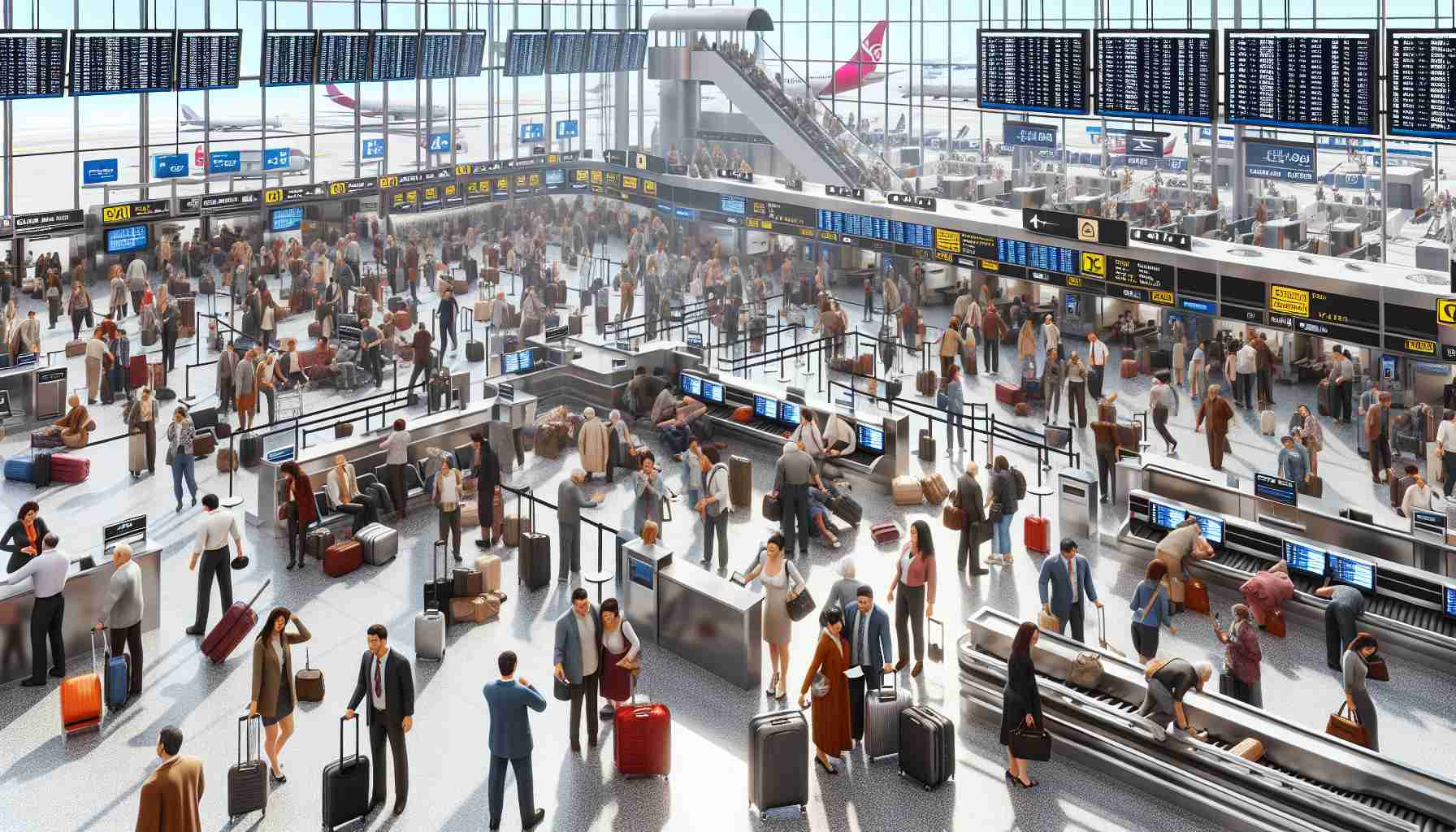 Realistic HD illustration depicting a busy international airport terminal in utter chaos due to a computer system failure. Numerous flustered passengers of various descents, including Asian, Caucasian, Middle-Eastern, and Hispanic, are seen trying to understand the situation. Airport staff, both male and female, are shown attempting to manually check-in luggage and handle boarding processes. Screens usually displaying flight information are blank or flashing error messages in various languages. Luggage is scattered across the floor near the check-in counters due to the absence of conveyor belt movement. Overall, the aura of confusion and frustration lingers heavily in the air.