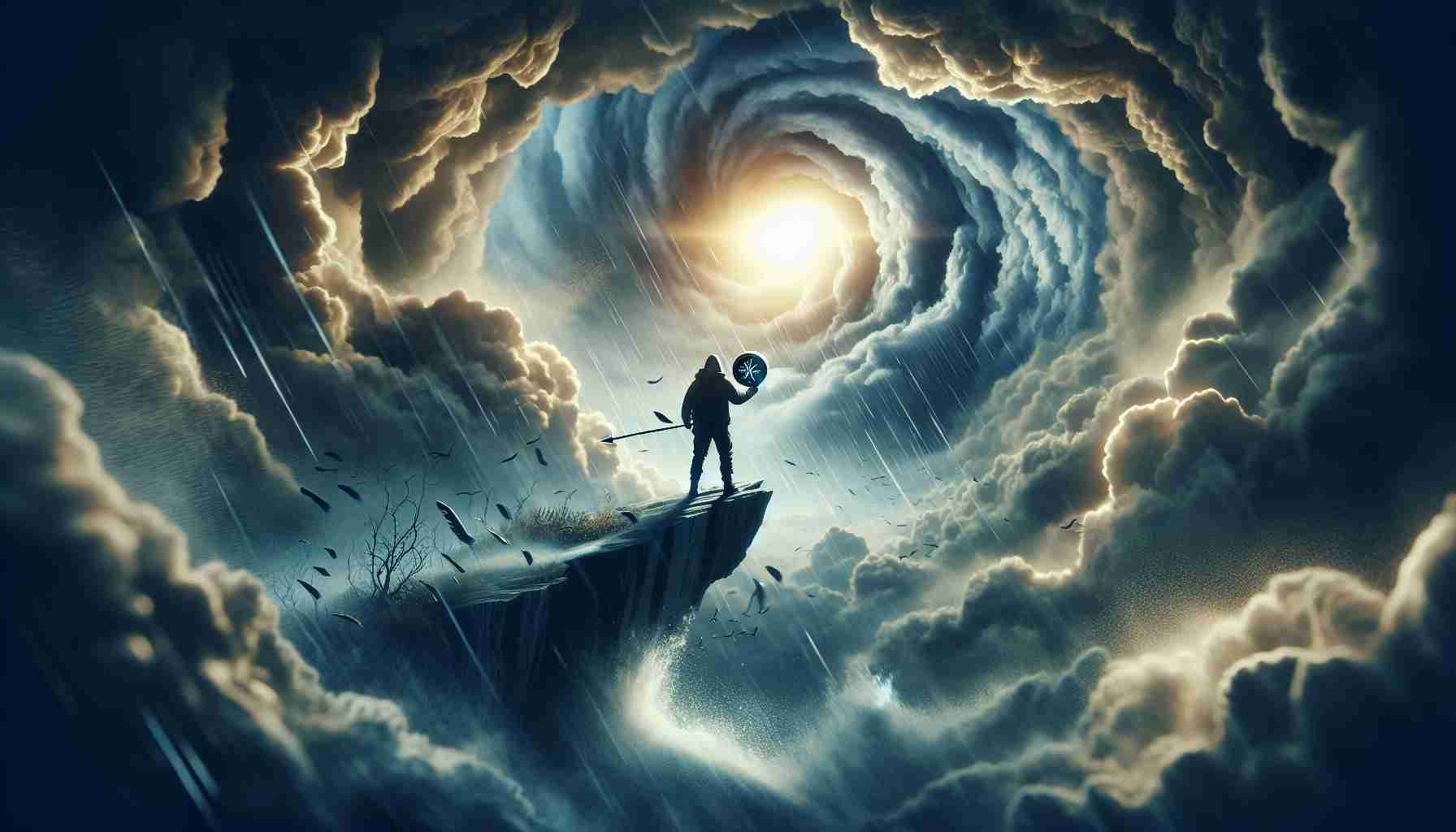 Picture showcasing the concept of seizing opportunities during turbulent times in a realistic high-definition depiction. We see a figure standing atop a cliff, amidst a stormy weather with billowing dark clouds. In their hands, they hold a compass pointed towards a breakthrough of sunlight in the clouds - a symbol of hope and opportunity amidst chaos.