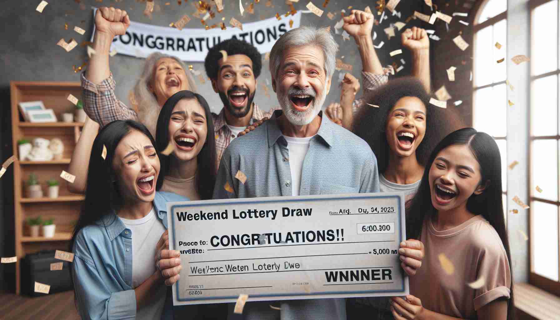 Generate a realistic high definition image portraying the celebration scene of a new weekend lottery draw. Show a middle-aged Caucasian man holding up a huge faux check that says 'Weekend Lottery Draw Winner.' The man should have teary eyes of joy and a wide smile. He could be wearing a simple shirt and jeans. Around him are his happy family members; a Black wife, two teenage South Asian daughters, and a young Middle-Eastern son. On the background, have a banner that reads 'Congratulations!'. The atmosphere should be one of excitement, with confetti raining down.