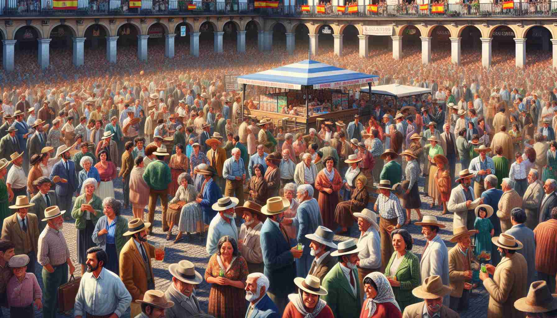 Create a high-definition, realistic image of a lively crowd gathering for traditional Spanish lottery draws. Depict individuals of different ages and genders from various descents such as Caucasian, Hispanic, Black, Middle-Eastern, and South Asian, all showing enthusiasm and anticipation. The setting should be typical of Spain, filled with relevant architectural elements, outdoor decorations and perhaps lottery stalls. The emphasis should be on the vibrancy of the event, the wide range of people it attracts, and the celebration associated with this tradition.