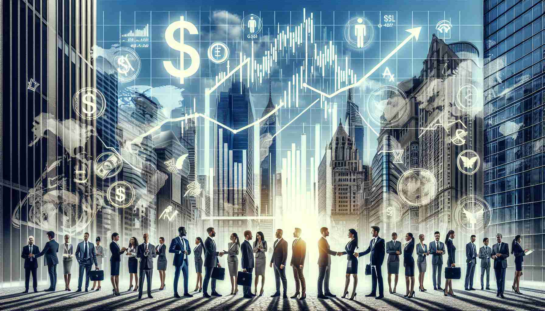 Generate a hyper-realistic HD image depicting the new era of economic stability. The image should include symbols of economic prosperity such as a rising stock market graph, buildings representing thriving industries, and people from various descents (Caucasian, Black, Asian, Hispanic) dressed in business suits, indicating global economic success. The setting should be a bustling cityscape signifying a booming economy, with clear skies overhead indicating positive prospects. Crucial elements like currency symbols, handshake representing agreements, and landmarks denoting global trade should be subtly integrated.