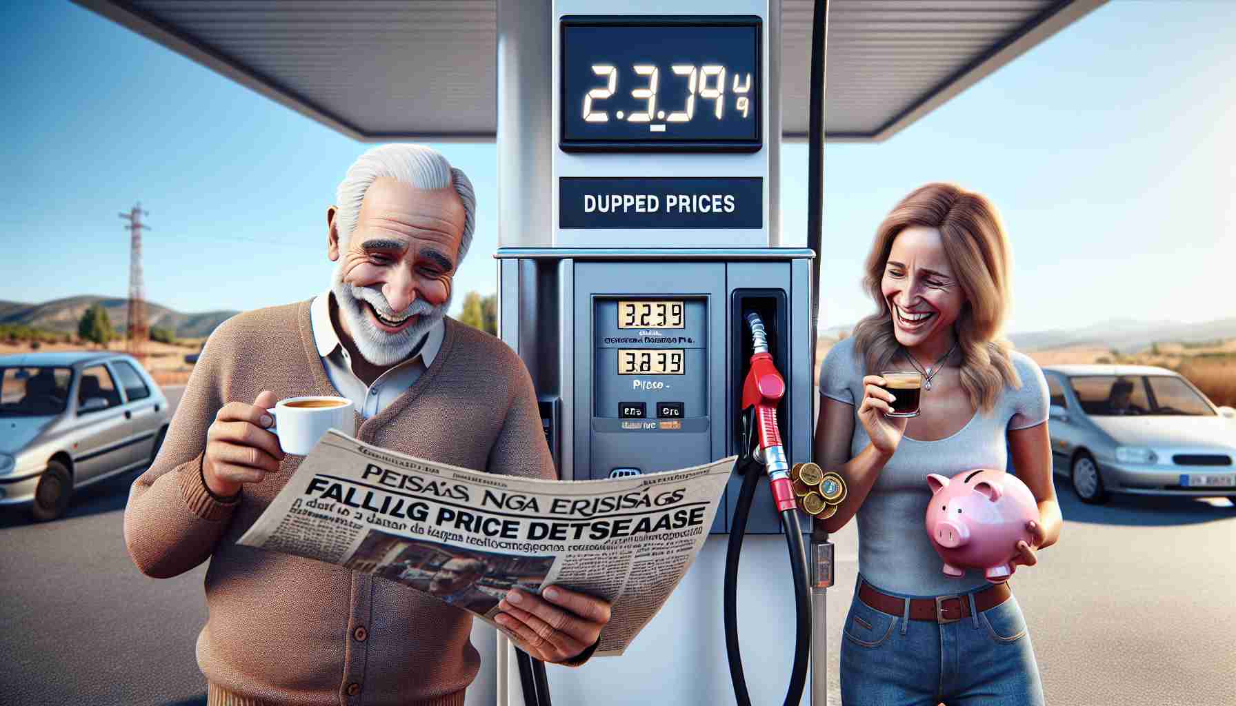 Display a realistic HD image of a shiny fuel pump with dropping numbers symbolizing falling fuel prices at a station somewhere in Spain's countryside. Include joyful Spanish drivers - an older Hispanic gentleman savoring an espresso, smiling as he reads the local newspaper headline about fuel price decrease, and a young Caucasian woman holding a piggy bank, looking positively hopeful. Display exactly dropped price numbers on the fuel pump screen. In addition, ensure there's a clear weather with the sun shining bright in the background.