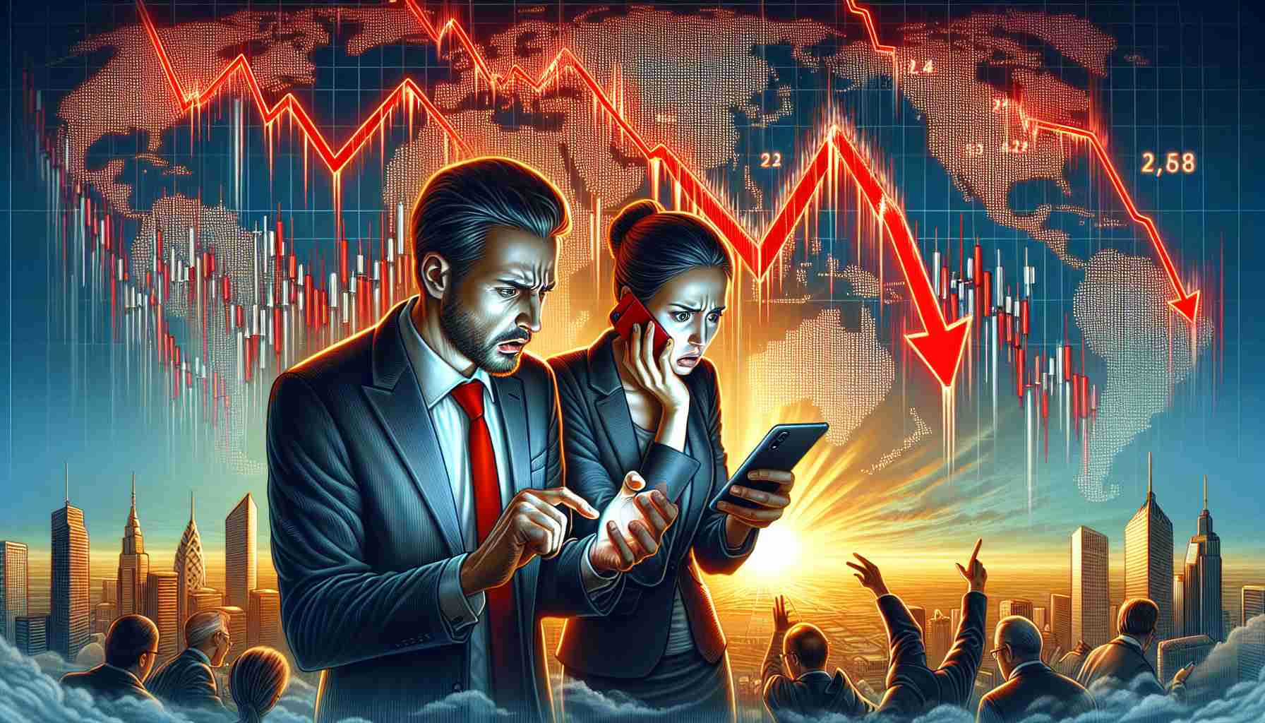 An highly detailed image depicting the concept of 'Investor Panic Sparks Global Market Decline.' A Caucasian man and a Middle-Eastern woman, both appearing stressed and worried, are hastily checking their devices before a background of sinking stock market charts. The charts should be filled with red color, representing a decline in global stock prices, with arrows pointing downwards. A setting sun in the background symbolizes the closing of a difficult trading day. The people should be dressed in formal work attire, showing they are investors.