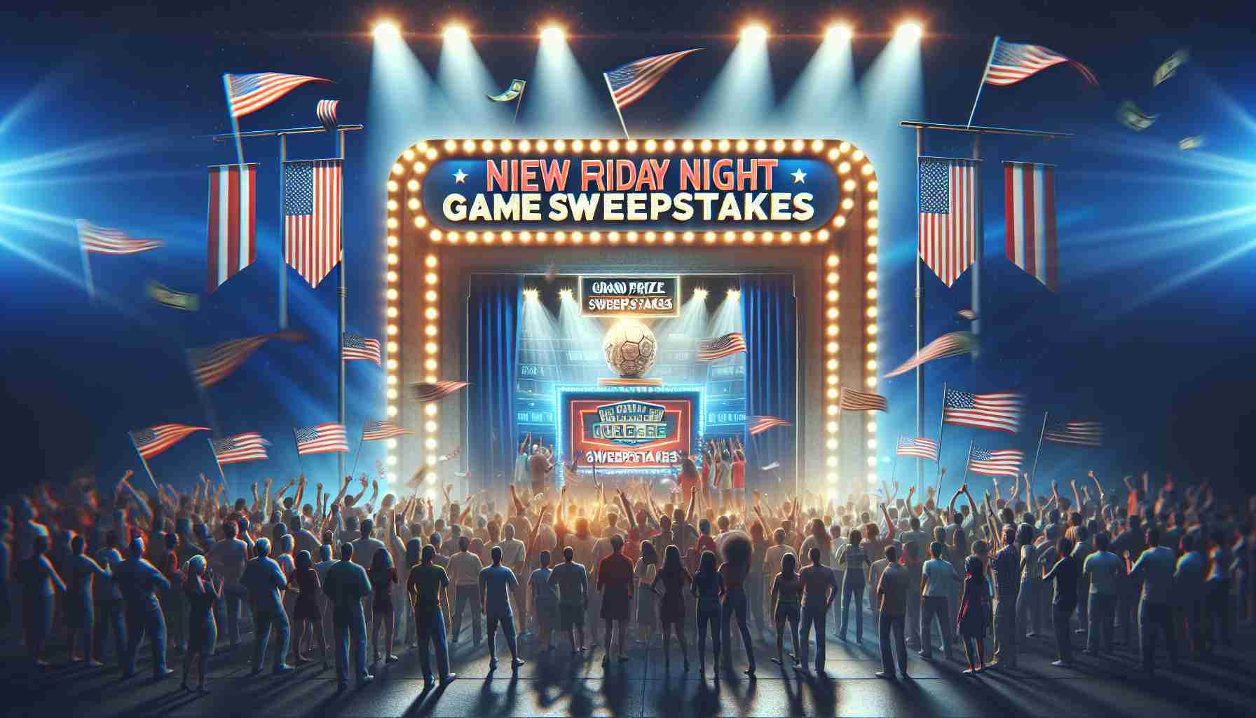 Generate a high-definition, detailed image that captures the thrilling atmosphere of a new and exciting 'Friday Night Game Sweepstakes'. The scene should include a grand prize display, a frenzy of game participants eagerly waiting to try their luck, shining spotlights highlighting the event and banners to celebrate the sweepstakes. Please ensure a realistic style for the image.