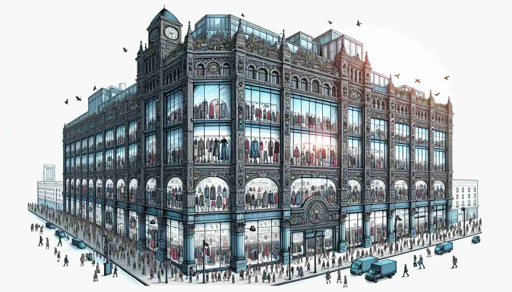 Detailed and high definition illustration of a large fashion company, symbolically represented as a towering edifice standing tall against a backdrop of the bustling market. Include elements such as large glass windows showcasing fashionable clothing, the hustle and bustle of people moving in and out, and decorative features indicative of the fashion industry.