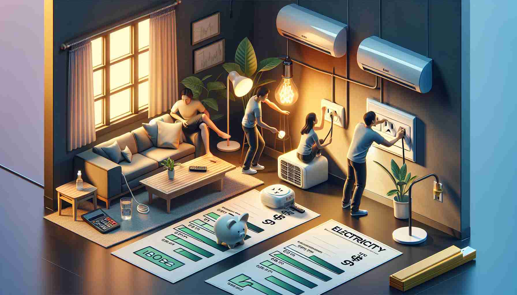 Realistic high-definition image illustrating different methods to save money on your electricity bill. The scene should include a person turning off an energy-saving lamp, another person setting an energy-efficient air conditioner, and someone else unplugging a device that is not in use from a power outlet. They should respectively be of Caucasian, South Asian, and Hispanic descent. The setting should reflect a modern home interior with visible electricity bills placed on a table showing decreasing amounts, symbolizing the successful implementation of these power-saving habits.