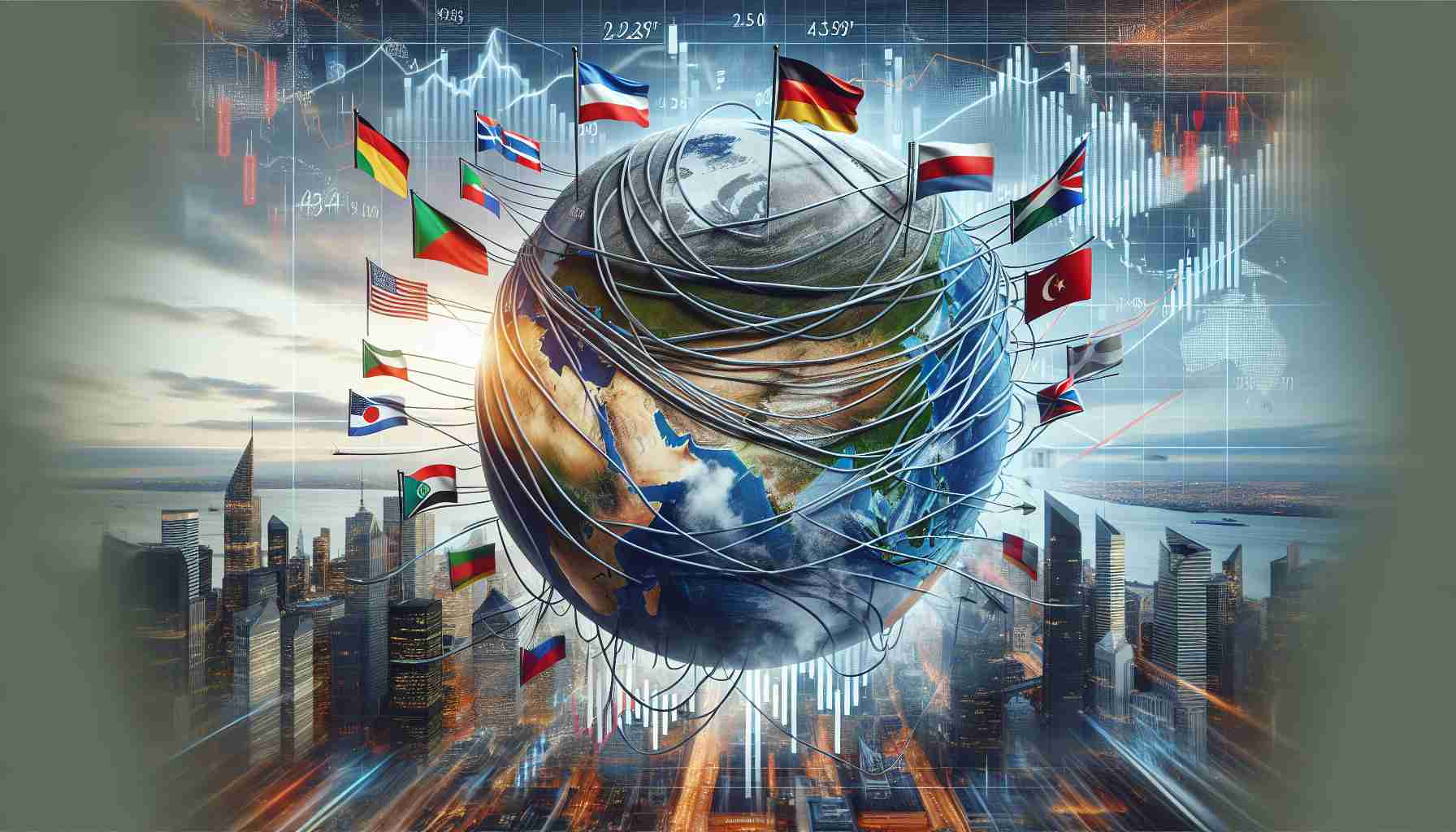 Detailed and realistic image depicting the impact of economic shifts on global markets. This abstract concept could be visualized as a large globe with various countries' flags placed on it, each tied to strings representing trade routes. The strings should be pulling and tugging in different directions to indicate shifts. Nearby, there should be traditional symbols of economy like currency symbols, bar and pie graphs, stock market arrows going up and down. The background could be a financial district skyline with skyscrapers.