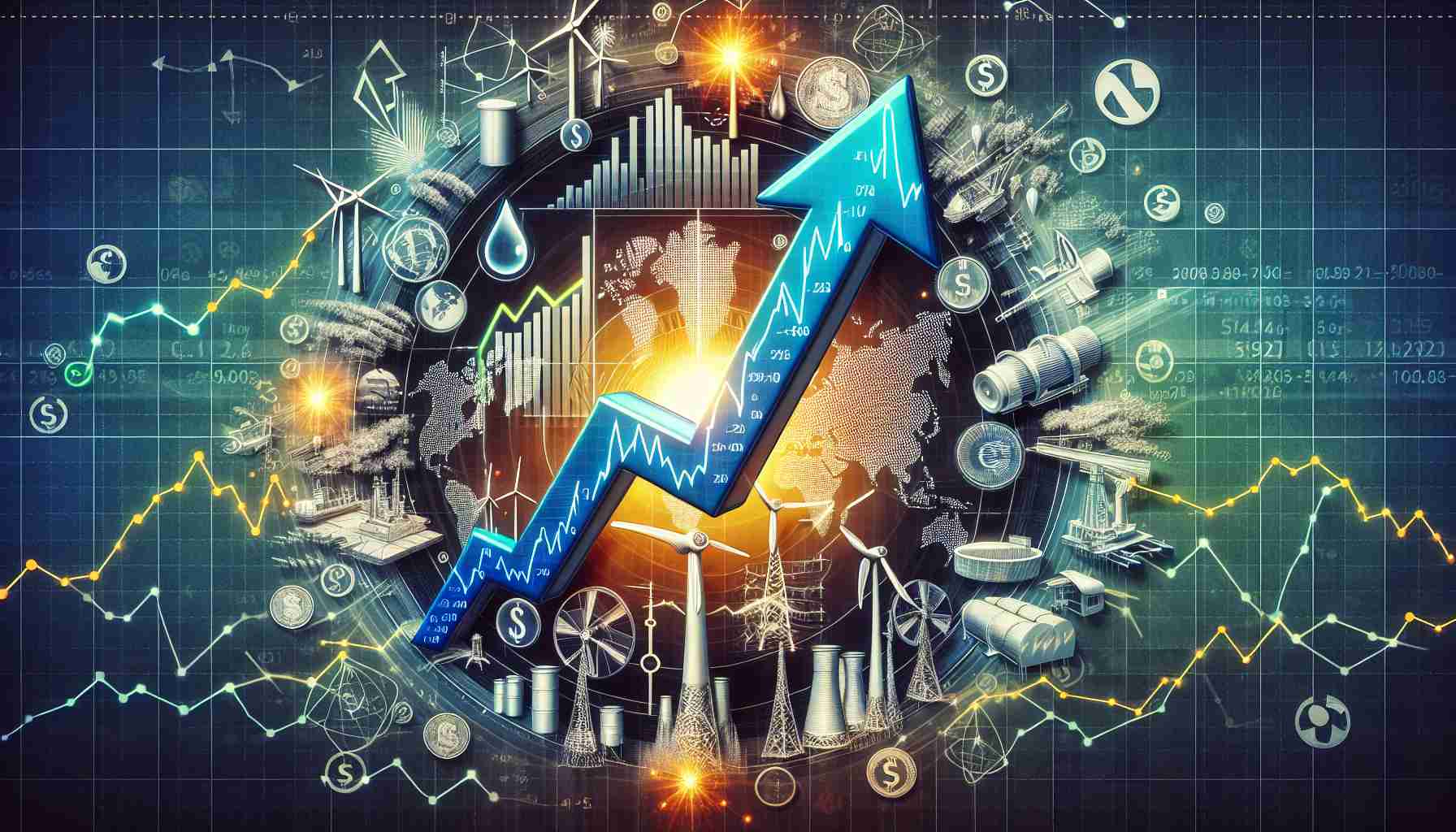 A highly realistic and vivid high-definition image that visualizes the concept of 'Shifts in Energy Markets Lead to Unprecedented Price Changes'. The image depicts symbols of differing energy sources such as wind turbines, solar panels, oil wells, and nuclear power plants, all arrayed around a central large upward arrow. The arrow symbolizes the surge in prices and features fluctuating line graphs etched onto its surface, representing volatility. Detailed infographics and trends staggered around also contribute to depict the ever-changing nature of energy markets. The background of the image is dotted with world currency symbols to provide additional context.