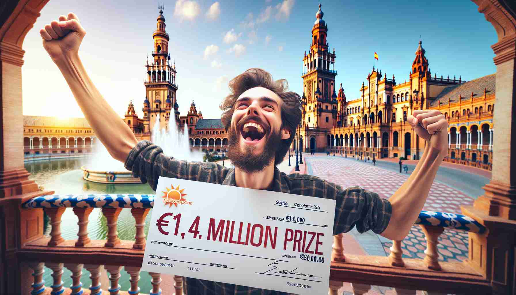 High-definition image of a lucky individual, joyously holding a large check that reads, ‘€1.4 Million Prize', against the beautiful backdrop of Seville, known for its rich history and stunning architecture. The winning person is expressing extreme happiness and excitement upon receiving the prize money. The old-world charm of Seville offers a contrasting backdrop to this contemporary event.