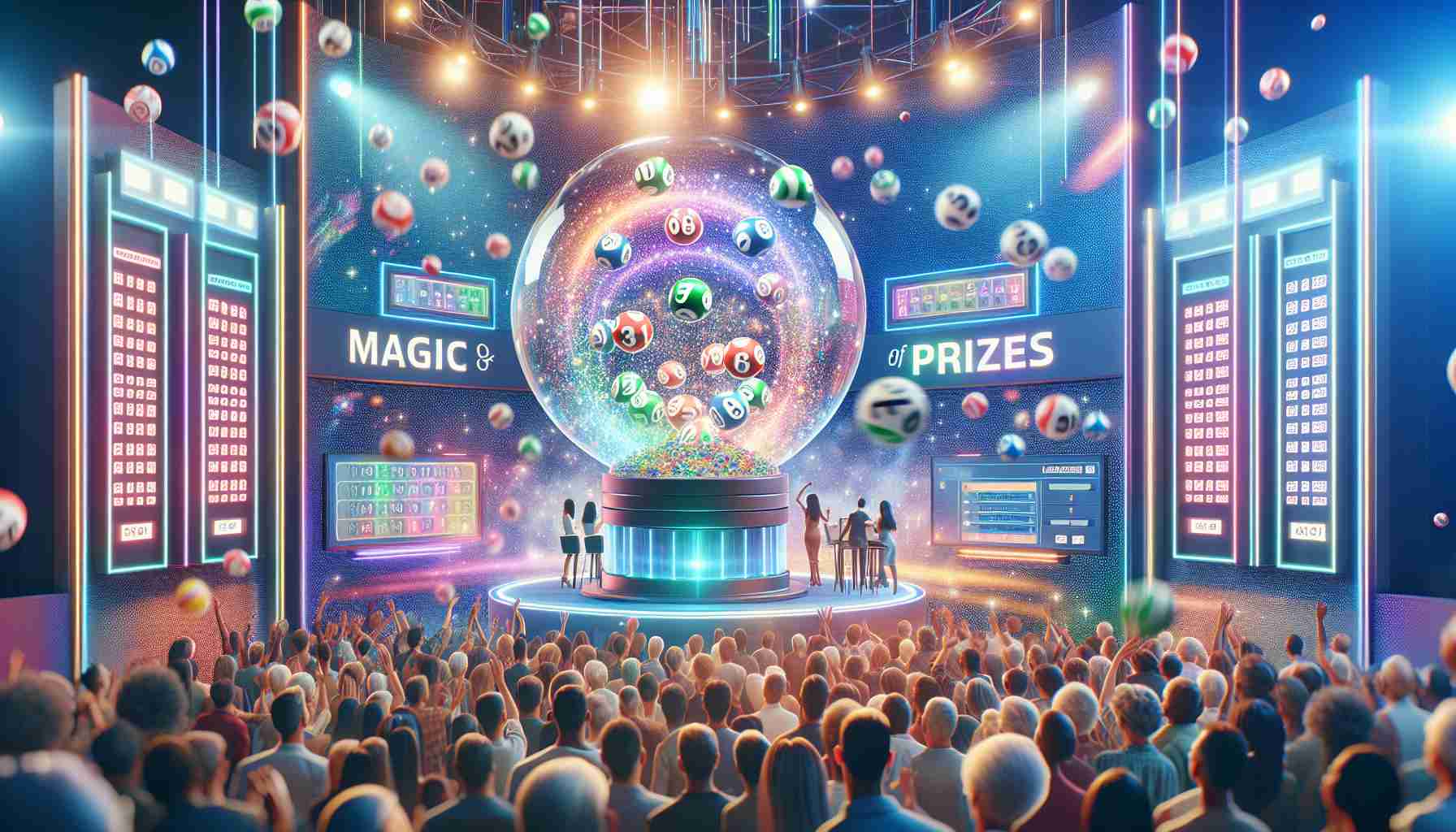 Create a photorealistic, high-definition image of a modern, engaging lottery experience titled 'The Magic of Prizes'. Picture a blend of flashing multicolored lights and large digital screens displaying numbers. Foreground could include a diverse group of excited people witnessing the live lottery draw. Incorporate elements such as lottery balls in a clear machine, a large vibrant lottery ticket, and a ceremonial check prepared for winner. The atmosphere should capture a blend of excitement, anticipation, and magic.