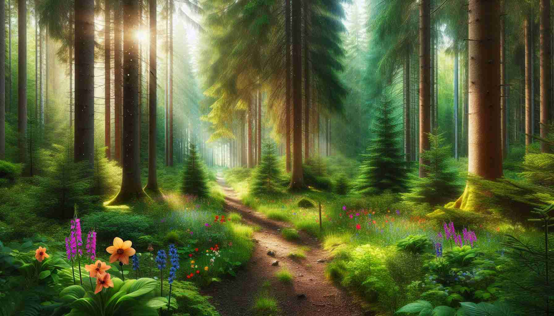 Realistic HD photo of a serene, pristine forest filled with tall evergreen trees. Sunshine seeping through the leaves, creating specks of light on the forest floor. Vibrant multicolored flowers blossoming around, with a narrow, winding dirt path leading deep into the woods. A few harmless woodland creatures like squirrels and birds can be seen enjoying the natural vibe.