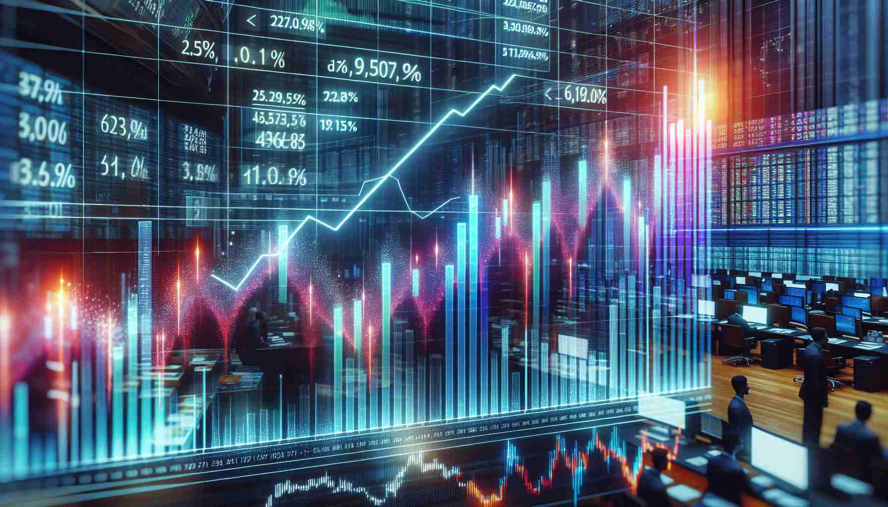 A striking visual representation of potential trends in the stock market. This show a detailed bar chart with varying heights to signify changes in stock values over time. The chart is overlaid on a digital screen that displays numbers and percentages in bright, luminescent colors. Beside the chart, a line graph with a rising, falling, and plateauing line to represent potential trends. The background is filled with bustling traders, screens displaying numbers, and hectic atmosphere of a trading floor.