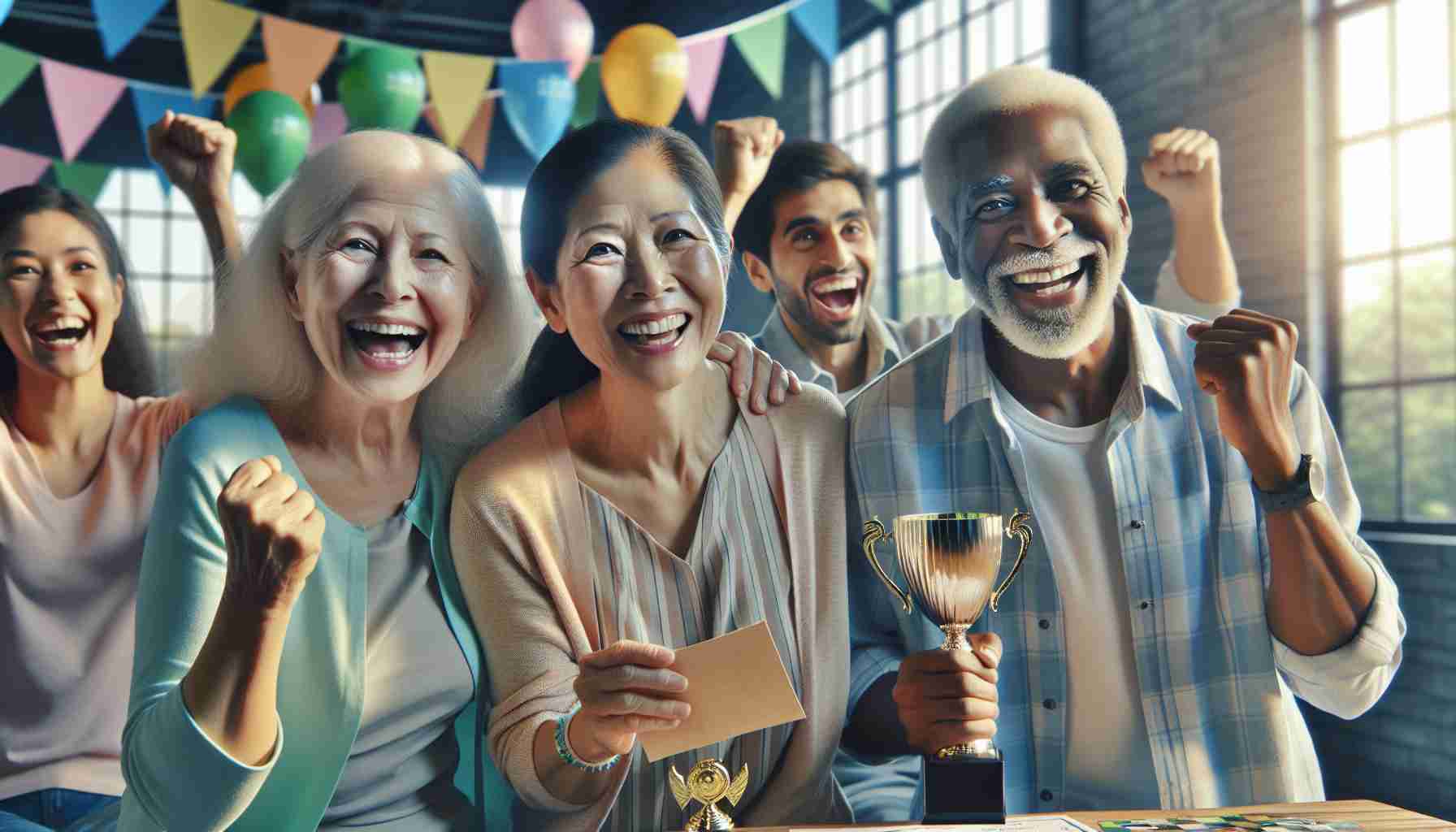 Detailed and high-quality realistic image of a joyous moment where three individuals of diverse descents are identified as winners on a favorable Saturday. One person is an elderly Caucasian woman, another is a young South Asian man, and the third is a middle-aged Middle-Eastern woman. They all carry bright, victorious expressions on their faces. Their winnings could be trophy, certificate, or simple paper check. The setting suggests a community event or local competition, which is decorated with colorful balloons and festive decorations.