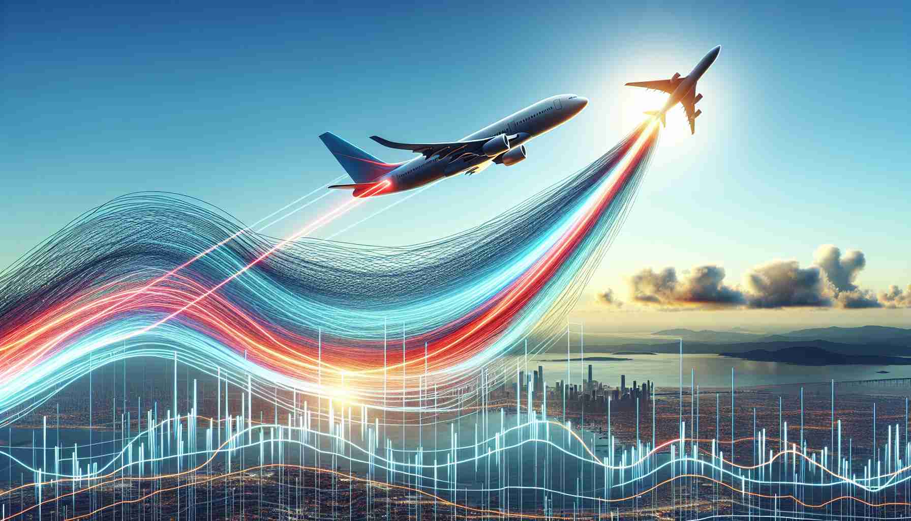 High-definition realistic image of a conceptual representation of an aeronautical company's stocks soaring after a daring business decision, where the stock line graph is represented as a vibrant, rising airplane trail against the backdrop of a clear sky.