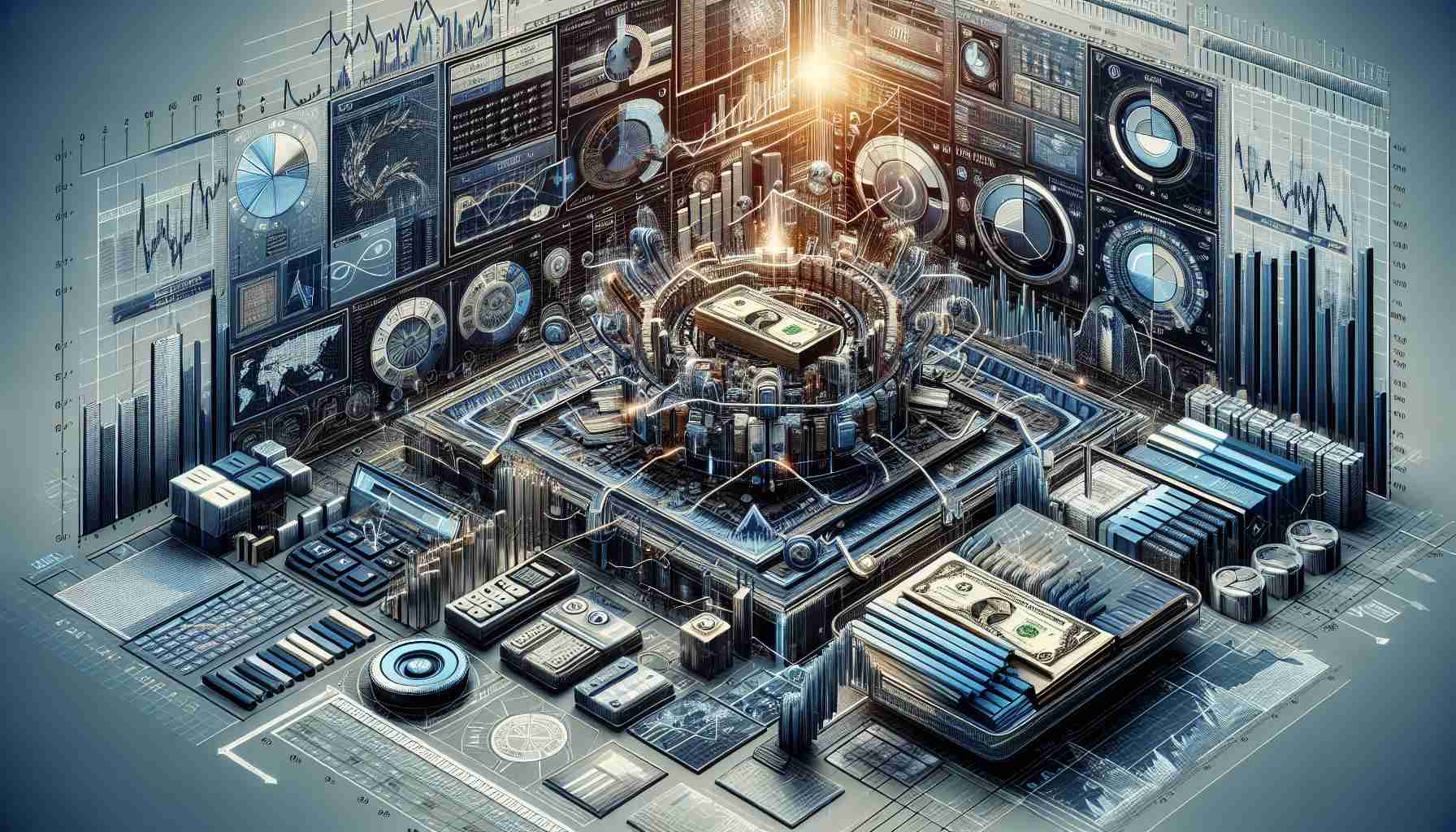 A detailed, high-definition visualization of the dynamic landscape of treasury bonds investment. The image features a variety of elements, such as financial charts, graphs, and diagrams that illustrate the fluctuations in treasury bonds markets over time. In the centre, there's an attractive, large depiction of a physical treasury bond. Surrounding elements represent different economic indicators and variables affecting bond yields. This could include interest rates, inflation, and governmental fiscal policy. The palette should be professional and clean, resonating the serious nature of the financial industry.