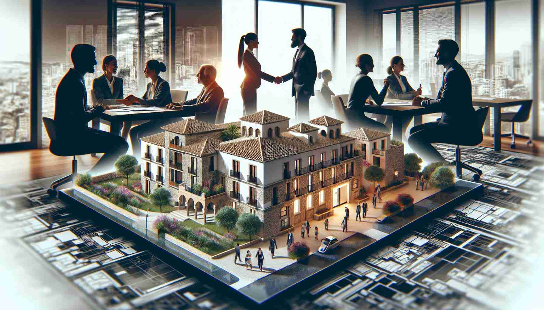 Realistic and high-definition image of an architectural firm acquiring a real estate business in Spain, visualized as a fusion between a modern office scene with people of various descents shaking hands over a business agreement and an array of Spanish properties, incorporating elements of traditional Spanish architecture in their design.