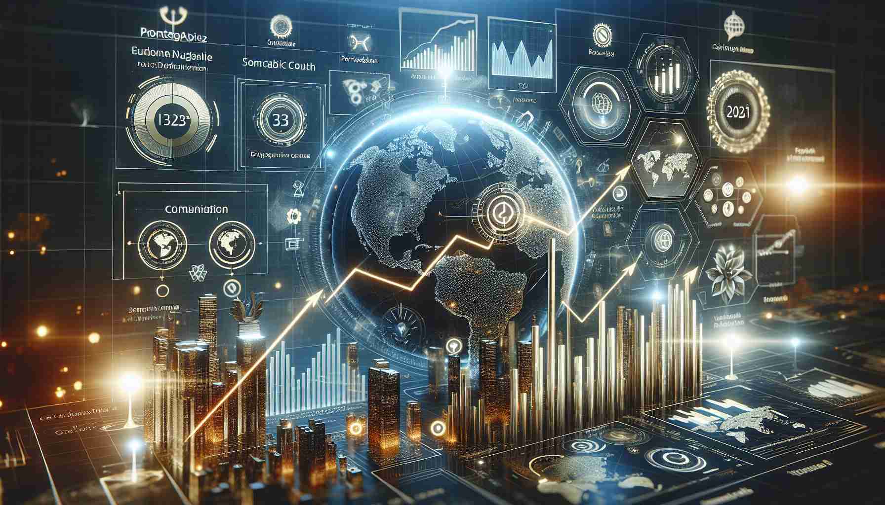 Realistic high-definition image depicting the narrative of a successful and ambitious business endeavor named 'Pontegadea' in the futuristic year of 2023. The image should showcase elements associated with economic growth, expansion and optimism such as an upward trending line chart, a global map signifying international reach, and symbolic representations of achievements and victories in business.