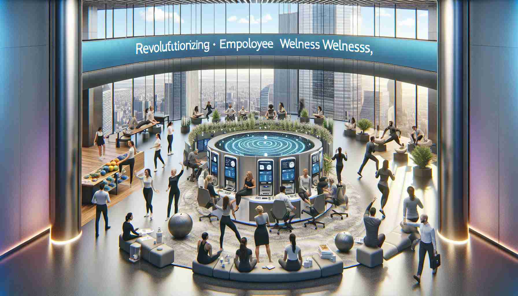 An ultra high-definition, photorealistic image that portrays the concept of revolutionizing employee wellness in a major banking institution. This scene should depict a diverse mix of employees. It should include both males and females of various descent like Caucasian, Asian, Black, and Hispanic participating in wellness activities in a modern, high-tech office environment. Please illustrate engaging wellness programs such as exercise classes, healthy food offerings, relaxation spaces, and mental health support areas. Also, incorporate the bank's distinctive features such as ATMs, bank counters, and state-of-art technology, to indicate its environment. However, make sure not to include any logos or specific identifiers of real-world companies.