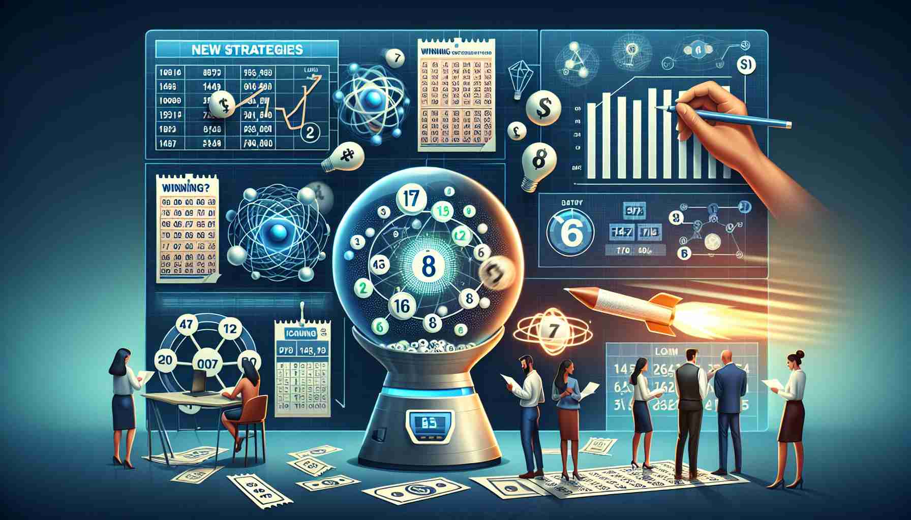 Create a high-definition, realistic image depicting various new strategies to win big in lottery drawings. Include elements such as a large lottery drawing machine, spinning spheres with numbers inside, different kind of tickets, a detailed chart showcasing winning statistics and probability theory formulas, and a few people of diverse descents and genders brainstorming innovative methods to pick lottery numbers.