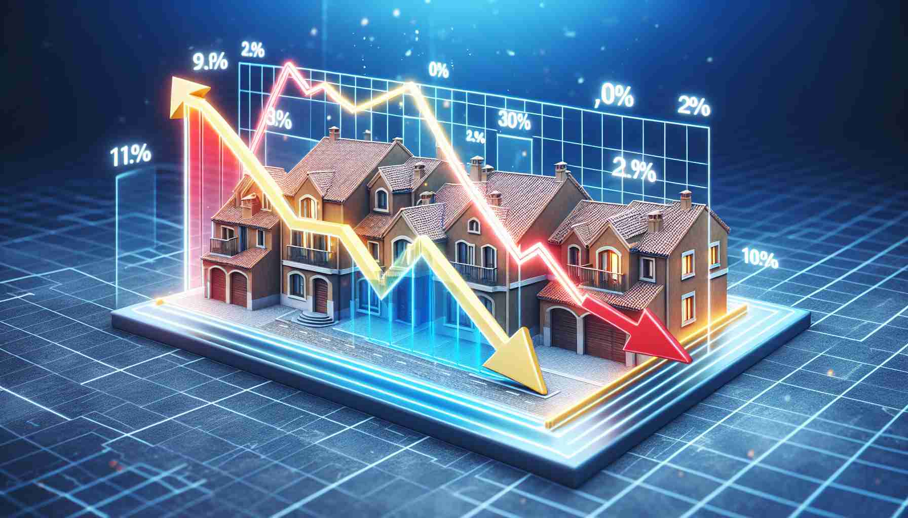 A high definition, realistic image that visually represents the impact of decreased Euribor rates on Spanish mortgages. This could be through imagery of fluctuating graphs, percentages decreasing, and imagery associated with Spanish homes, such as Spanish-style houses or typical Spanish architecture. The graphs should depict an initial high peak for the Euribor rates, followed by a steep descent to symbolize the decrease, the Spanish houses might have a glow or shine around them, suggesting a positive impact.