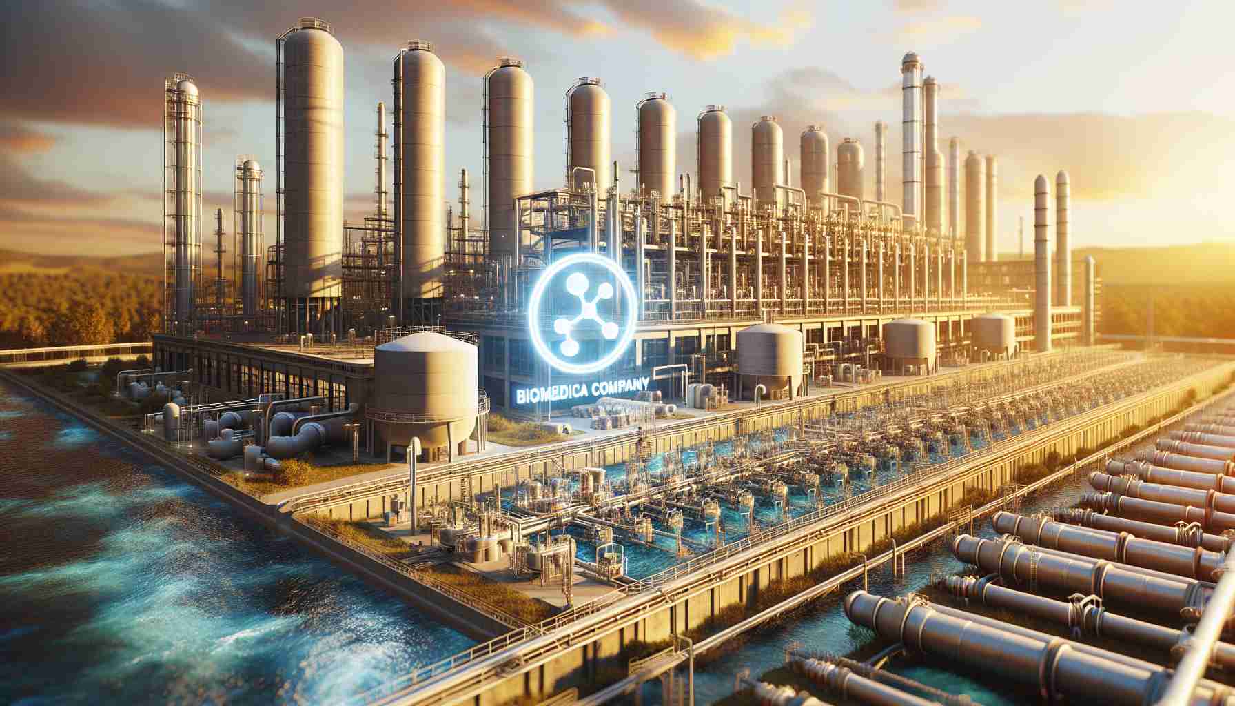 High definition image of a historic water company's infrastructure with the logo of a biomedical company signaling a potential investment. The scene includes water processing plants, pipelines, and storage tanks bathed under the afternoon sun. The biomedical company's logo is subtly displayed on some parts of the installation, hinting towards a risky financial collaboration.