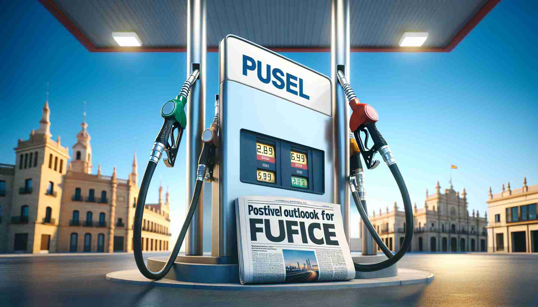 A high-definition, realistic image of a newspaper headline that reads 'Positive Outlook for Fuel Prices' with an associated picture of fuel nozzles at a modern gas station in Spain. The backdrop includes blue skies above the pumping station with typically Spanish architecture surrounding it.