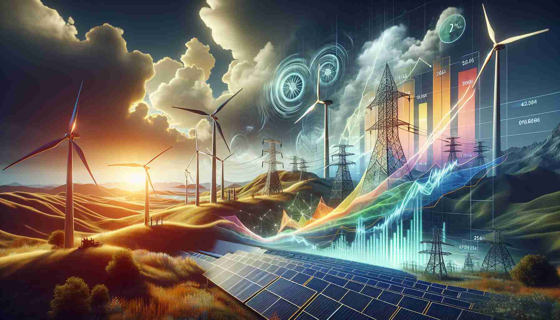 Visualize a high-definition, realistic portrayal of how renewable energy, such as wind turbines, solar panels, and hydroelectric dams, are changing the pricing of electricity. The scene may include a dynamic graph or chart showing decreasing prices over time, alongside artful representations of different sources of renewable energy. Perhaps include power lines stretching across the landscape, symbolyizing the distribution of this new, more sustainable energy.