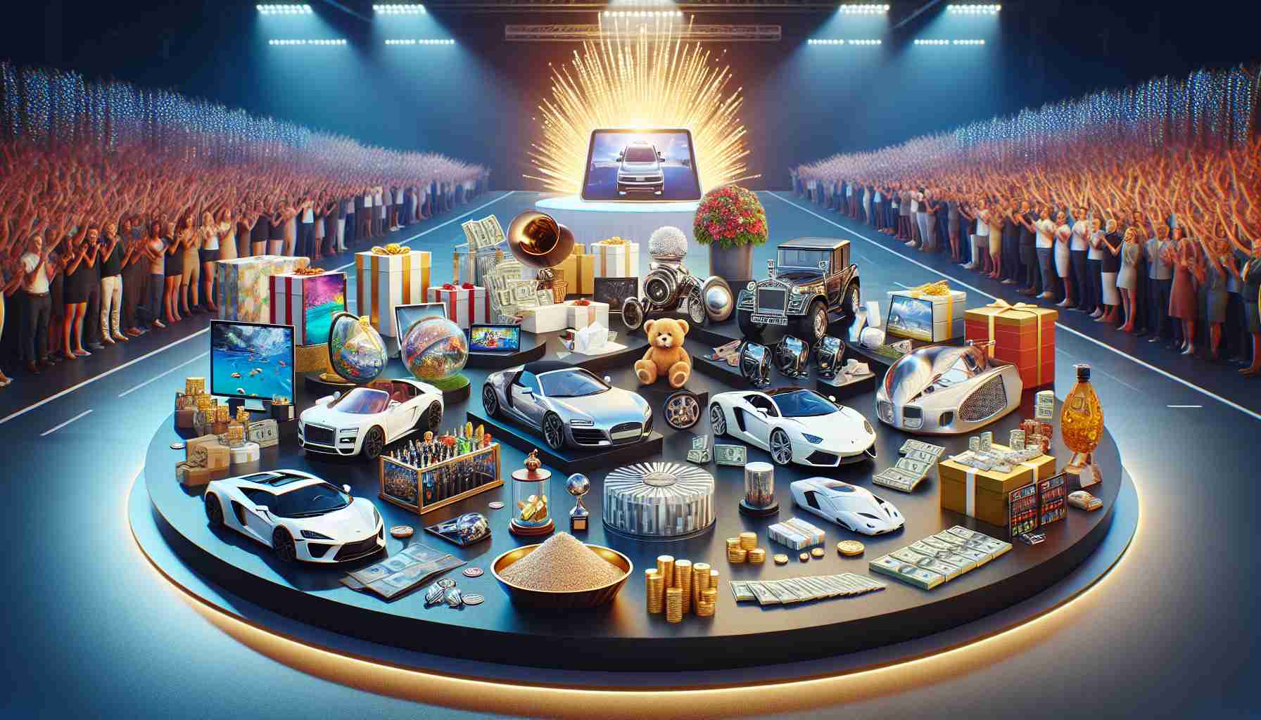 A high-definition, realistic image displaying an exciting selection of prizes that await the fortunate winners of a daily lottery. The collection may include items such as lavish vacations, brand-new cars, cutting-edge technology gadgets, and sizeable cash prizes, all presented in a visually appealing and enticing manner. The setting is a grand revealing event with a cheering crowd in the background.